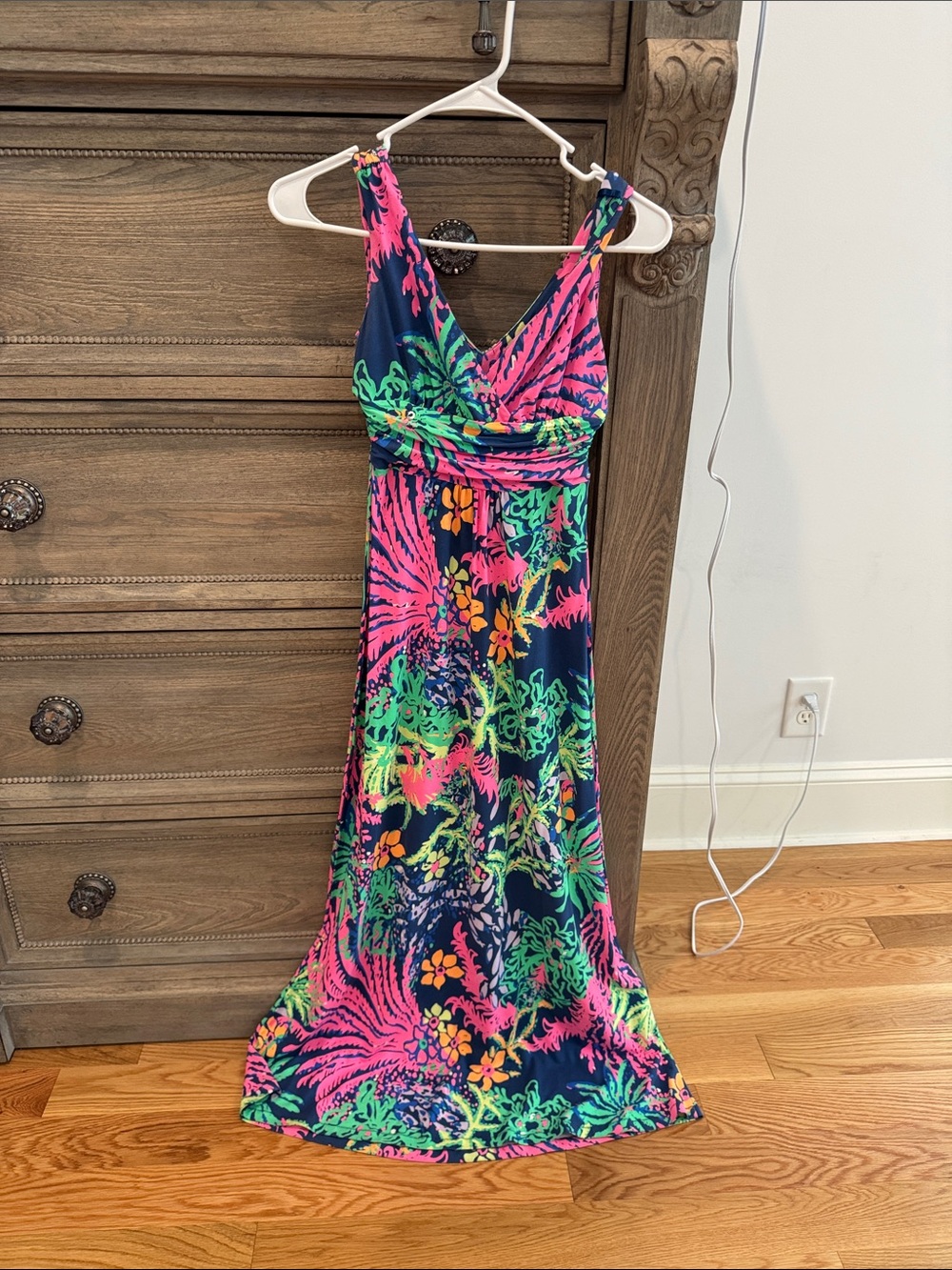 Lilly Pulitzer Navy Maxi Dress with Neon Pink, Green & Orange Floral Print
